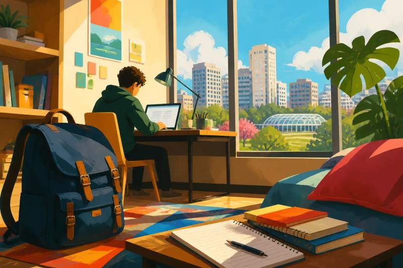 Étudiant assis à un bureau avec son ordinateur portable dans un appartement meublé à Curitiba.