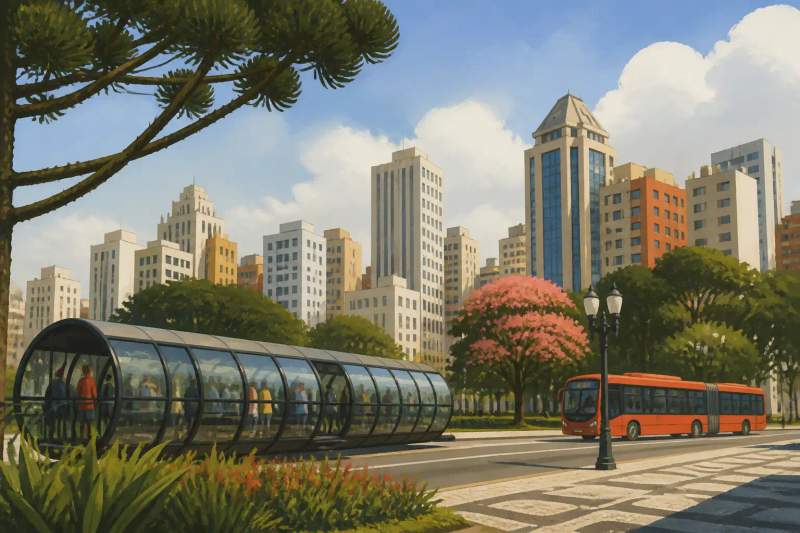 Vista urbana de Curitiba com edifícios residenciais e vegetação ao redor.