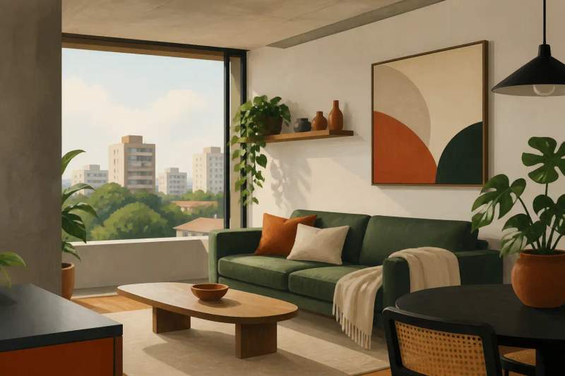 Sala de estar iluminada de flat mobiliado em Curitiba com sofá confortável, mesa e decoração moderna.
