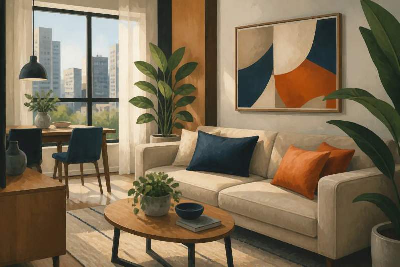 Interior de flat mobiliado em Curitiba com sala de estar moderna, mesa de trabalho e cozinha integrada