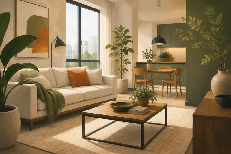Interior de apartamento mobiliado com sofá, mesa de jantar e cozinha americana integrada em Curitiba.