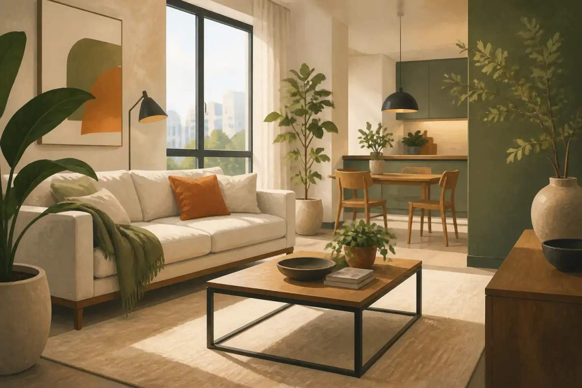 Interior de apartamento mobiliado com sofá, mesa de jantar e cozinha americana integrada em Curitiba.