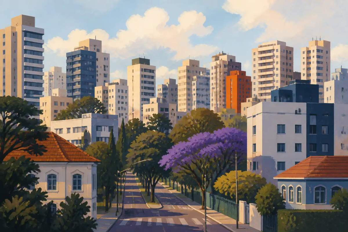 Interior de apartamento studio compacto e mobiliado no bairro Bigorrilho em Curitiba.