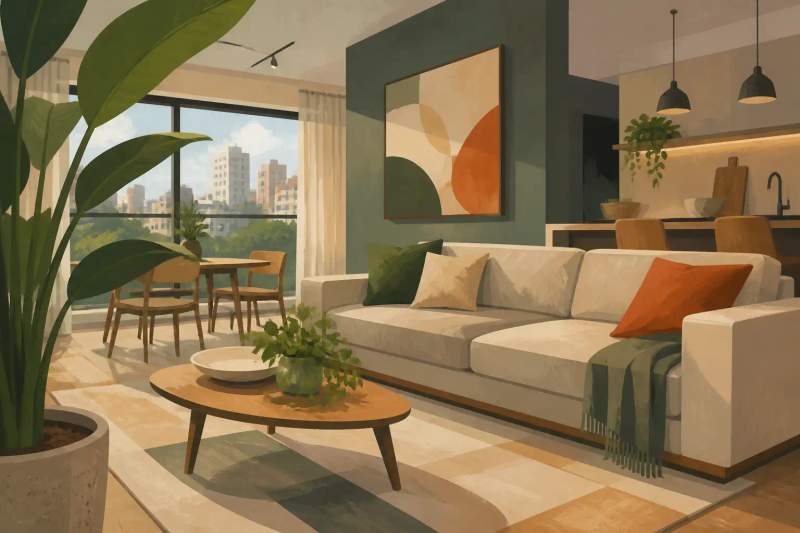 Sala de estar de apartamento mobiliado no bairro Mercês em Curitiba com decoração moderna e boa iluminação natural.