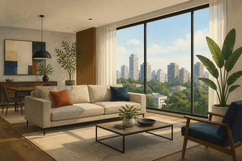 Sala de apartamento mobiliado moderno com mesa de trabalho iluminada e vista para a cidade de Curitiba.