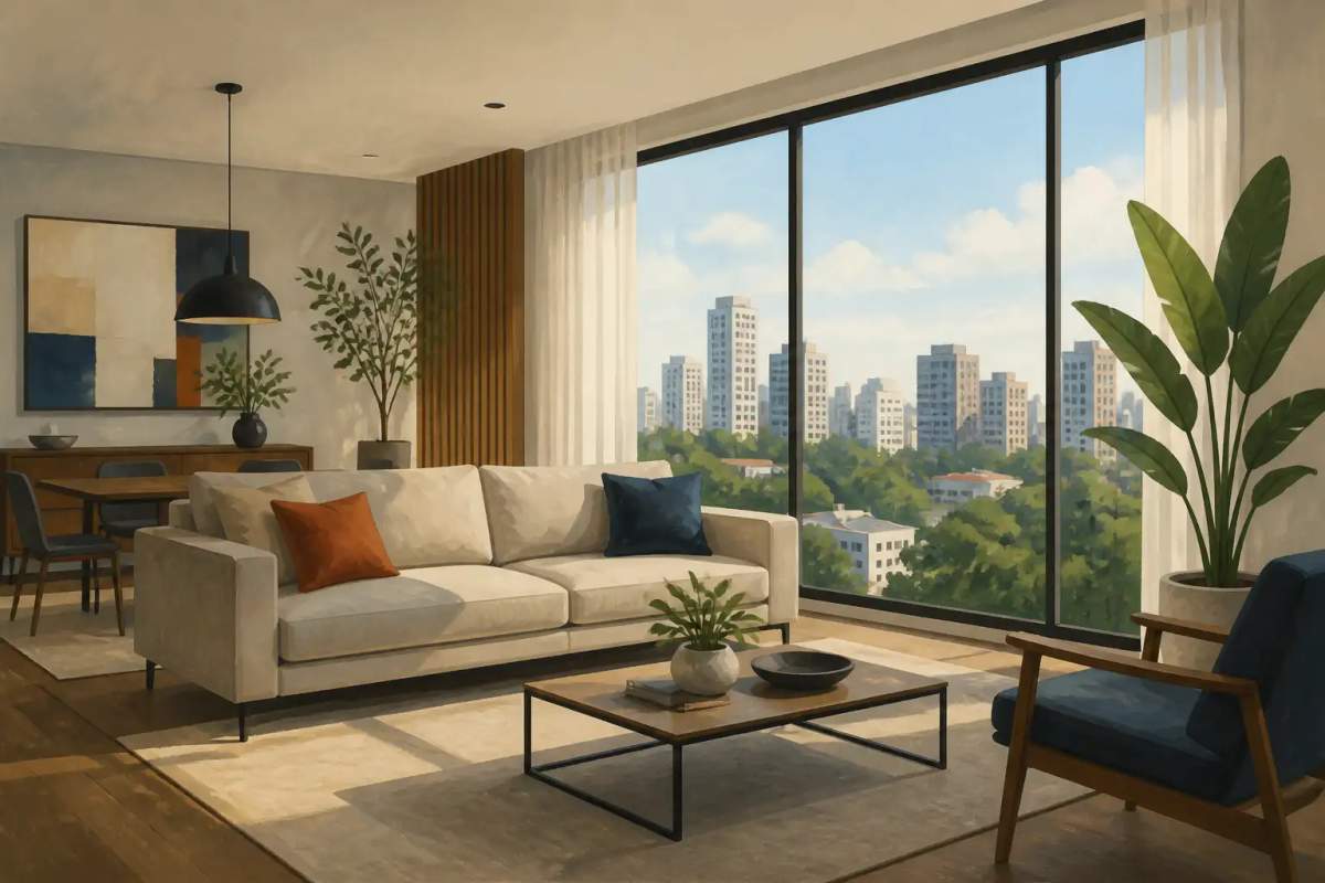 Sala de apartamento mobiliado moderno com mesa de trabalho iluminada e vista para a cidade de Curitiba.