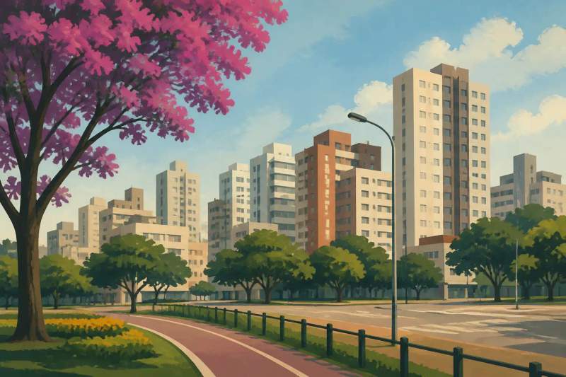 Fachada de prédio moderno de apartamentos em Curitiba e sala de estar mobiliada com decoração contemporânea.
