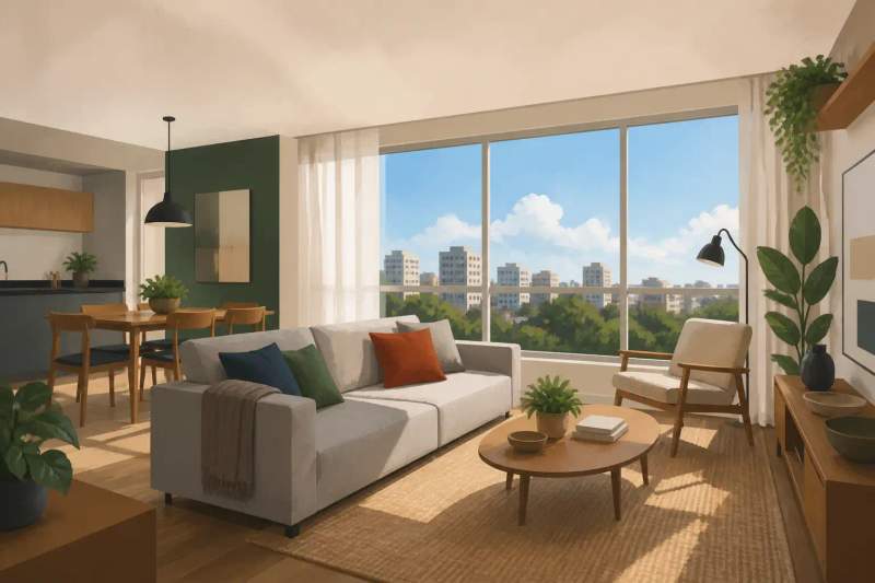 Interior de apartamento mobiliado com sala e cozinha equipada próximo ao Hospital das Clínicas em Curitiba.