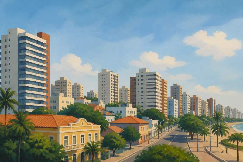 Interior de apartamento studio mobiliado em Fortaleza com vista para a cidade