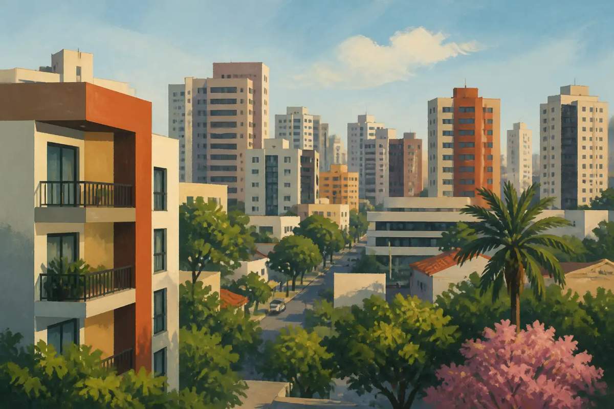 Interior de apartamento mobiliado em Campinas com sala aconchegante, sofá e cozinha equipada integrada.