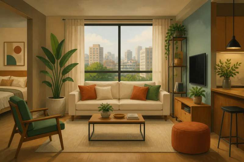 Interior de flat mobiliado moderno com cama de casal, bancada para trabalho e iluminação natural em Curitiba.
