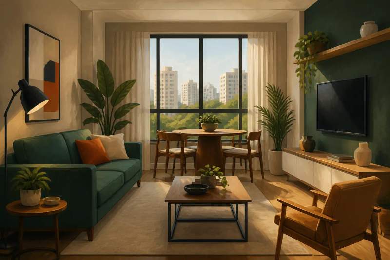 Studio mobiliado moderno no bairro Cabral com espaço de trabalho, cama de casal e cozinha integrada