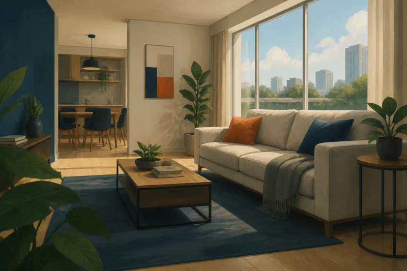 Aconchegante sala de apartamento mobiliado com sofá cinza, mesa de trabalho e iluminação natural em Curitiba