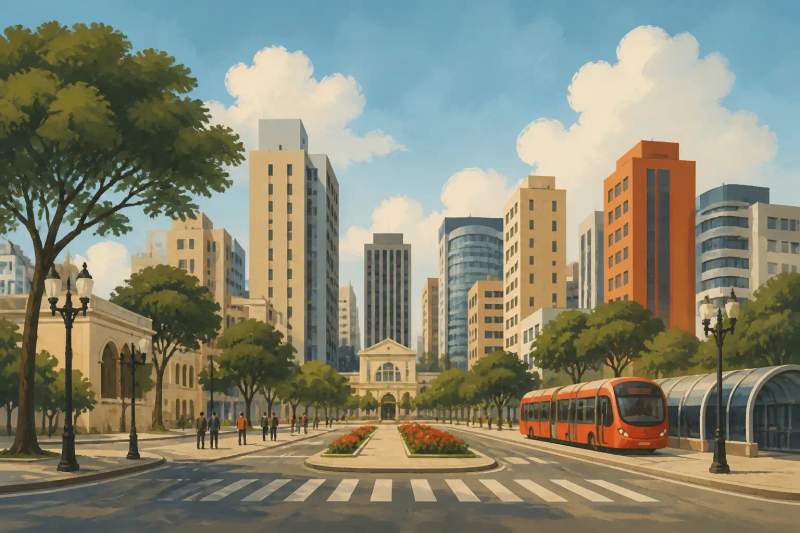 Studio mobiliado em Curitiba com bancada de trabalho, notebook aberto e iluminação natural.