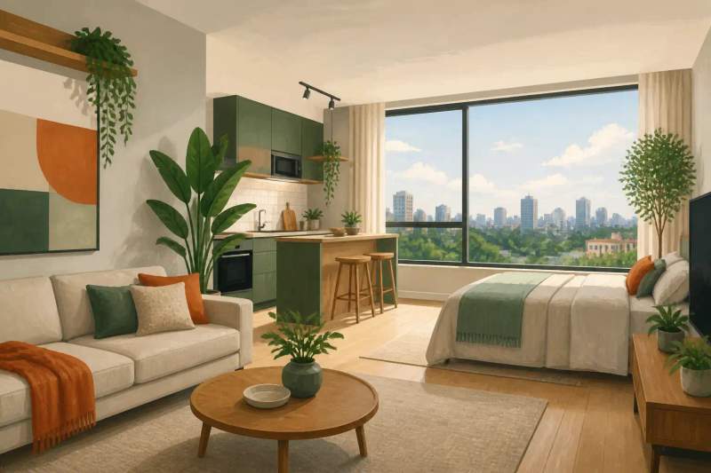 Studio mobiliado moderno com cama de casal, bancada para trabalho e cozinha compacta integrada.