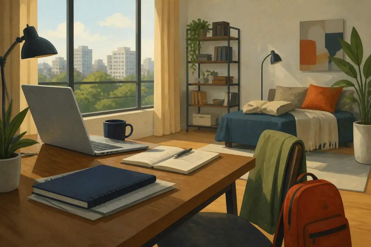 Interior de apartamento mobiliado iluminado com mesa de trabalho e laptop preparado para estudos