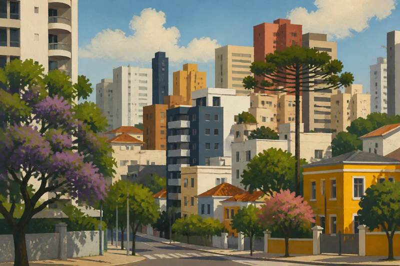 Sala de estar moderna e iluminada de apartamento mobiliado no bairro Cabral em Curitiba com sofá e decoração aconchegante.
