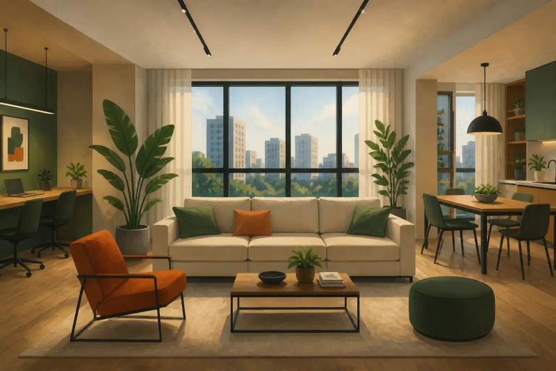 Espaço de coworking moderno e área de academia equipada em prédio residencial em Curitiba.
