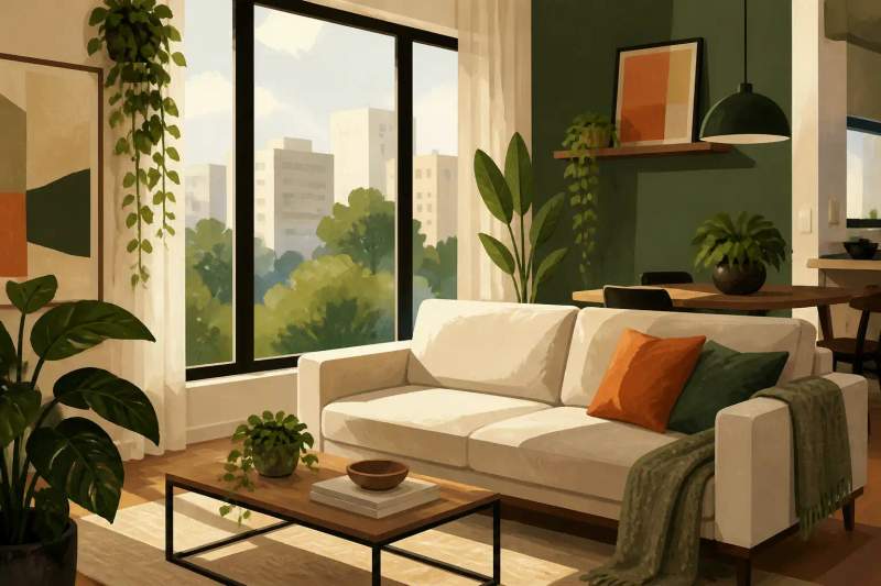 Apartamento mobiliado e moderno em Curitiba com sala de estar iluminada.