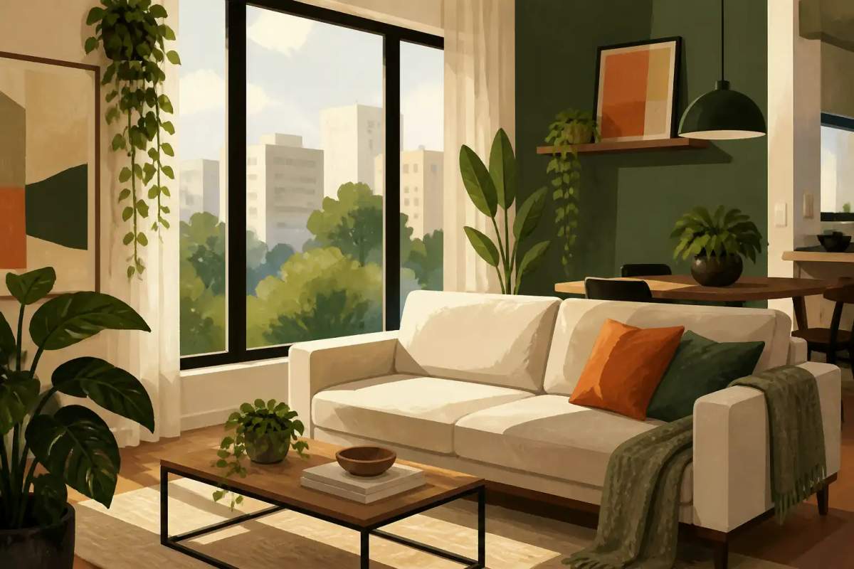 Apartamento mobiliado e moderno em Curitiba com sala de estar iluminada.