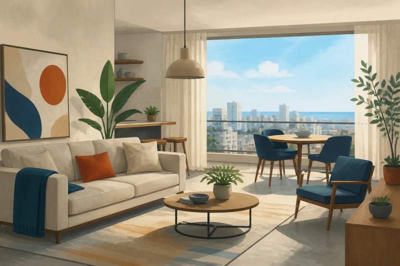 Sala de estar iluminada de apartamento mobiliado moderno com sofá confortável e mesa de centro decorada.