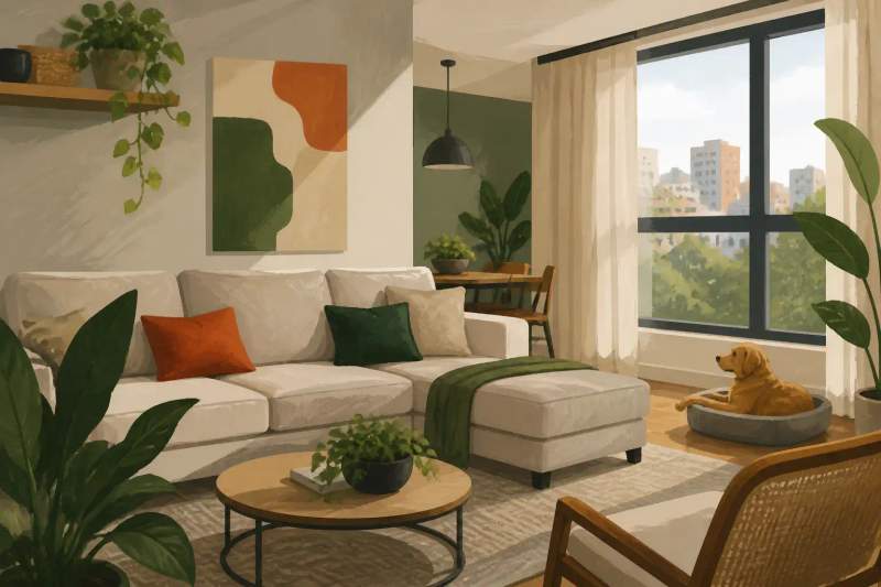 Cão deitado na sala de estar de um apartamento moderno e mobiliado em Curitiba.