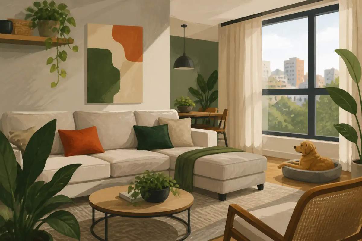 Cão deitado na sala de estar de um apartamento moderno e mobiliado em Curitiba.
