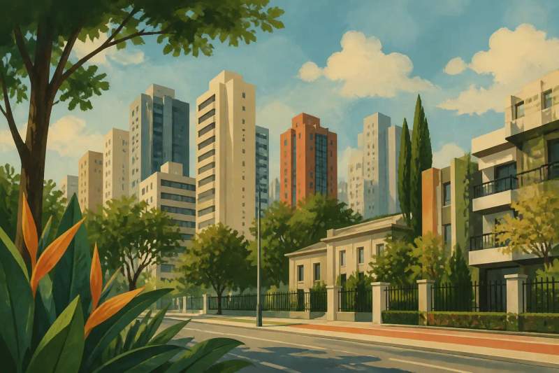 Studio mobiliado moderno no bairro Batel em Curitiba com cama, cozinha equipada e ambiente integrado.