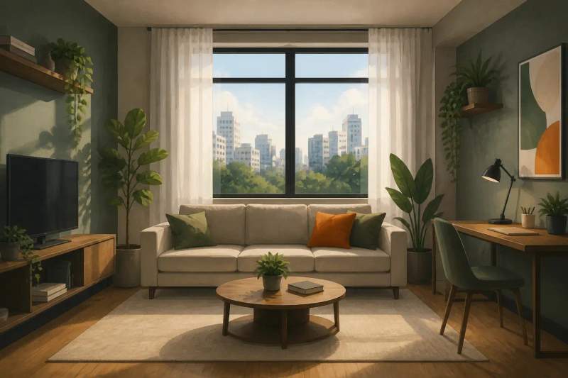 Quarto de apartamento mobiliado iluminado com bancada de estudos, cadeira, notebook e cama arrumada ao fundo.