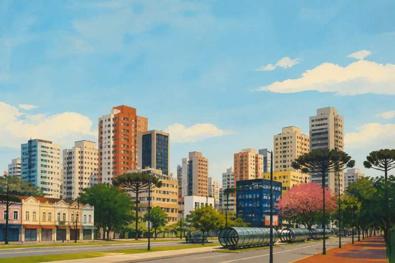 Sala de apartamento mobiliado moderno com estação de trabalho e vista para a cidade de Curitiba.