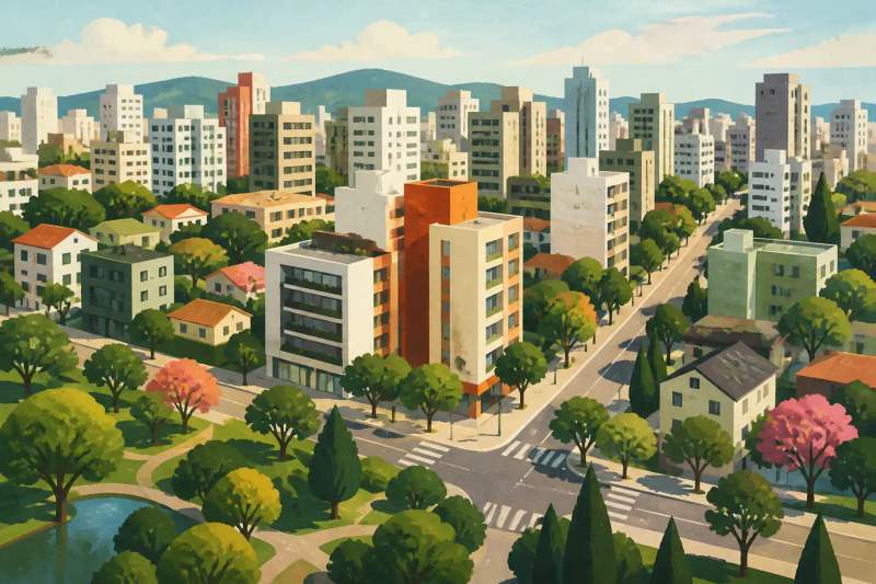 Vista aérea da cidade de Curitiba com edifícios residenciais e ruas arborizadas nos bairros Batel e Água Verde.