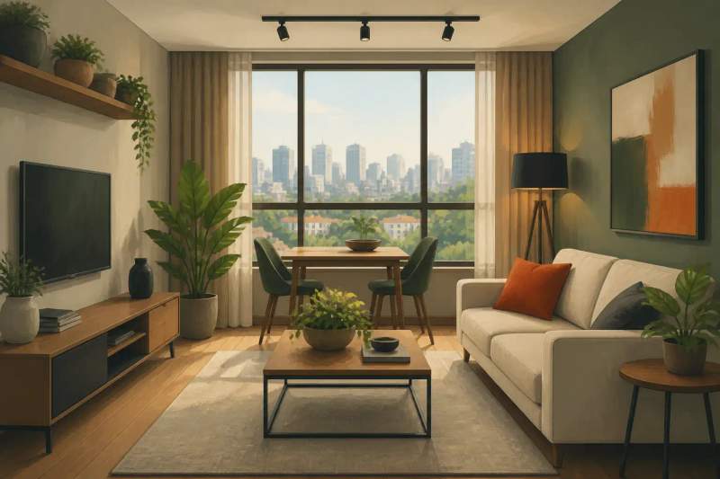 Sala de estar moderna e decorada de um apartamento mobiliado com sofá e janelas amplas em Curitiba.
