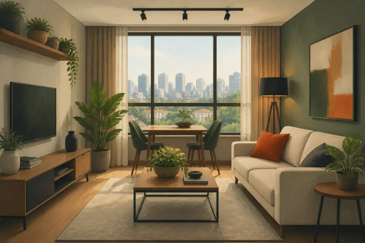 Sala de estar moderna e decorada de um apartamento mobiliado com sofá e janelas amplas em Curitiba.