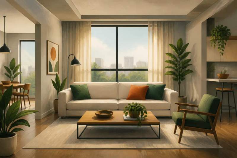 Apartamento moderno e mobiliado com mala de viagem aberta sobre a cama e chaves dispostas na mesa da sala.