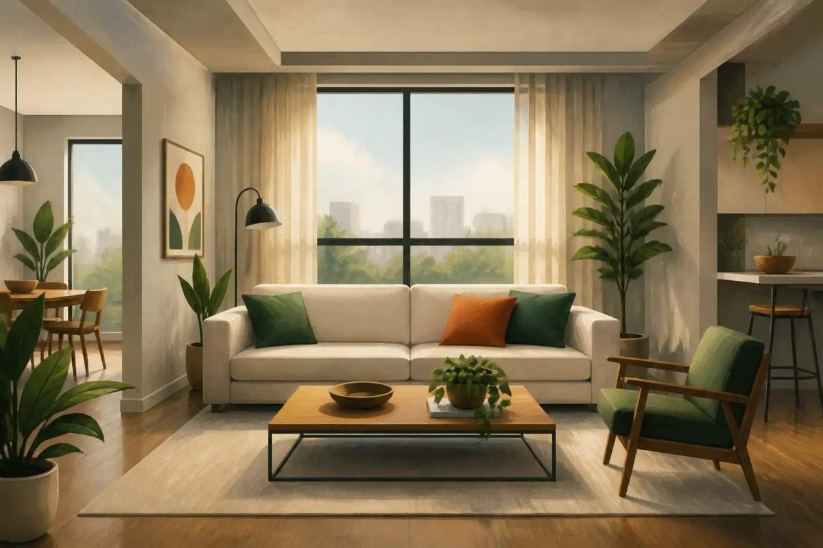 Apartamento moderno e mobiliado com mala de viagem aberta sobre a cama e chaves dispostas na mesa da sala.