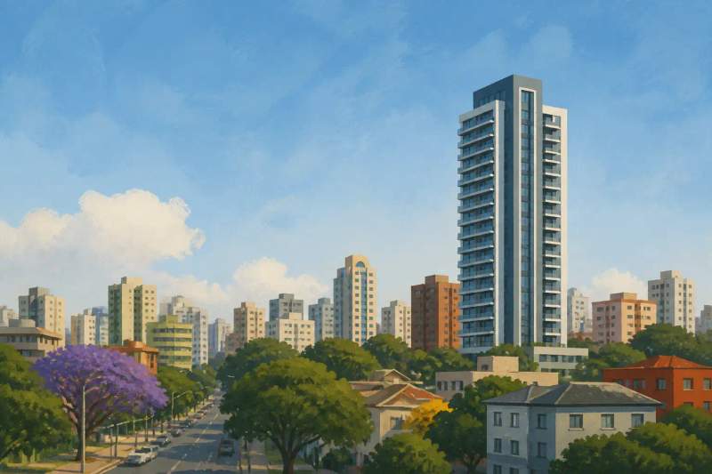 Fachada do edifício Manhattan Tower no Centro de Curitiba com sacadas e vista para a cidade.