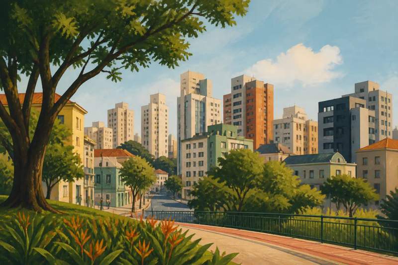 Interior de studio moderno e mobiliado em Curitiba com iluminação natural e vista da cidade.