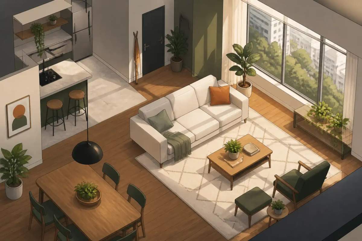 Apartamento mobiliado moderno em Curitiba preparado para estadias de longa permanência.