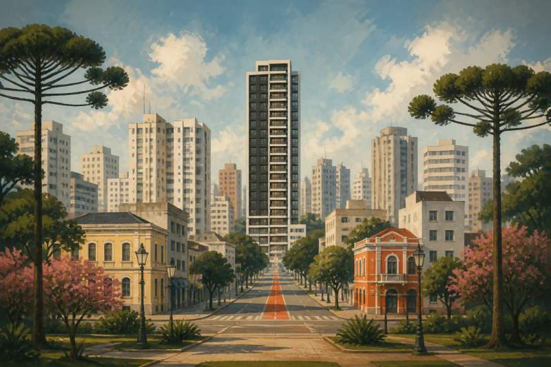 Fachada moderna do edifício Neo Residence em Curitiba em um dia ensolarado