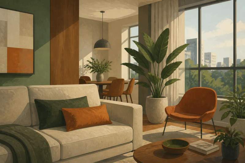 Studio mobiliado compacto com cama de casal, bancada de trabalho e sacada integrada no edifício The Five.
