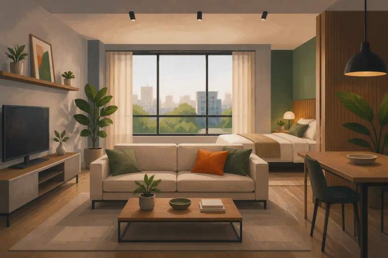 Fachada moderna do condomínio Mid Home em Curitiba com estúdios e flats mobiliados.