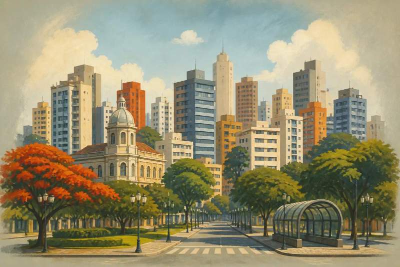 Apartamento moderno e mobiliado em Curitiba com mesa de trabalho e vista para bairro corporativo.