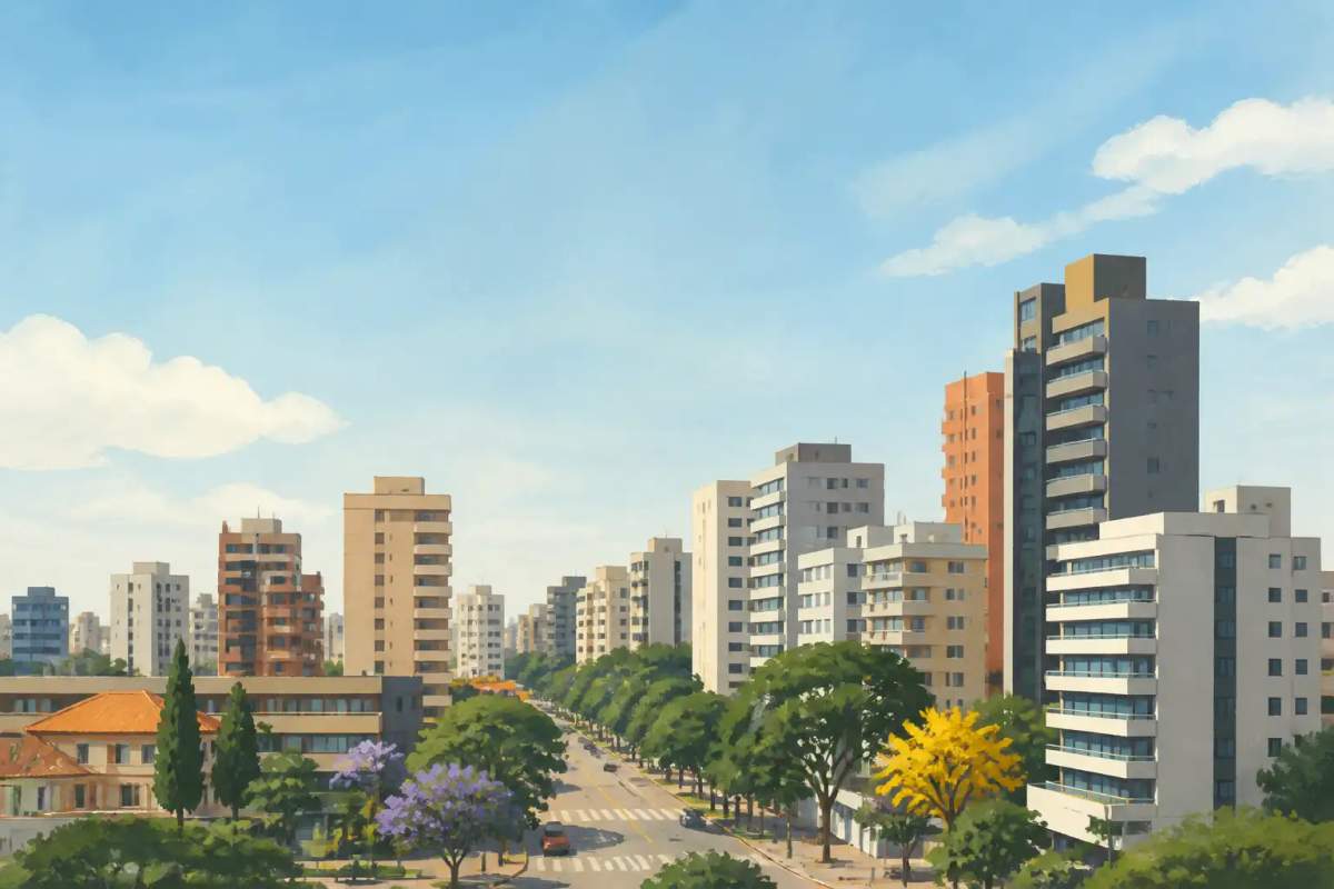 Sala de estar e cozinha integrada de studio mobiliado no bairro Batel em Curitiba.