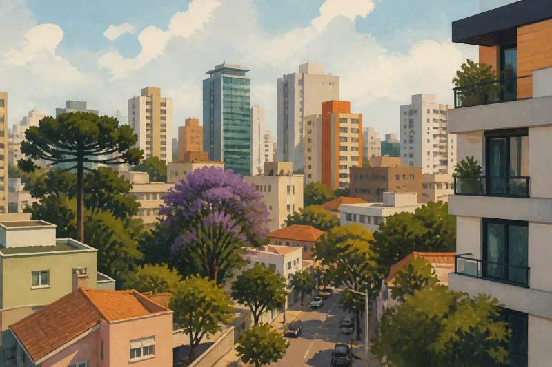 Interior de apartamento mobiliado iluminado no bairro Água Verde em Curitiba com sofá moderno e sala decorada.