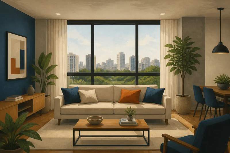 Apartamento moderno e mobiliado no bairro Centro Cívico em Curitiba com iluminação natural e decoração funcional.