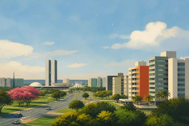 Sala de estar moderna de apartamento mobiliado com sofá, bancada de trabalho com notebook e vista urbana de Brasília.