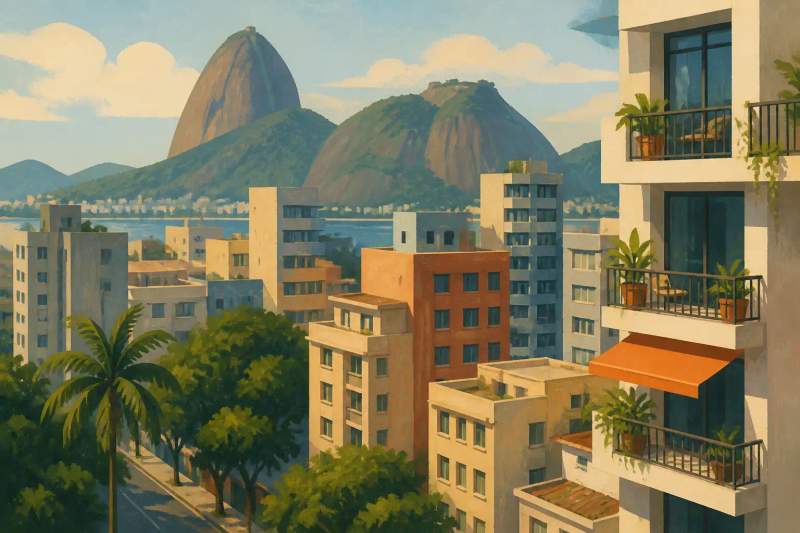 Sala de estar moderna de um apartamento mobiliado e iluminado no Rio de Janeiro com vista para a cidade.