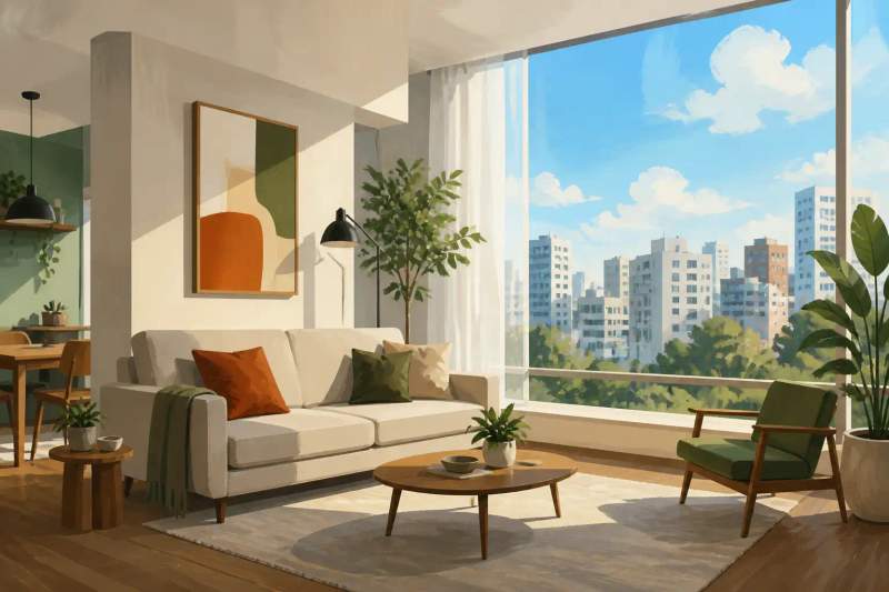 Sala de apartamento mobiliado e moderno em Curitiba com sofá, mesa de trabalho e iluminação natural