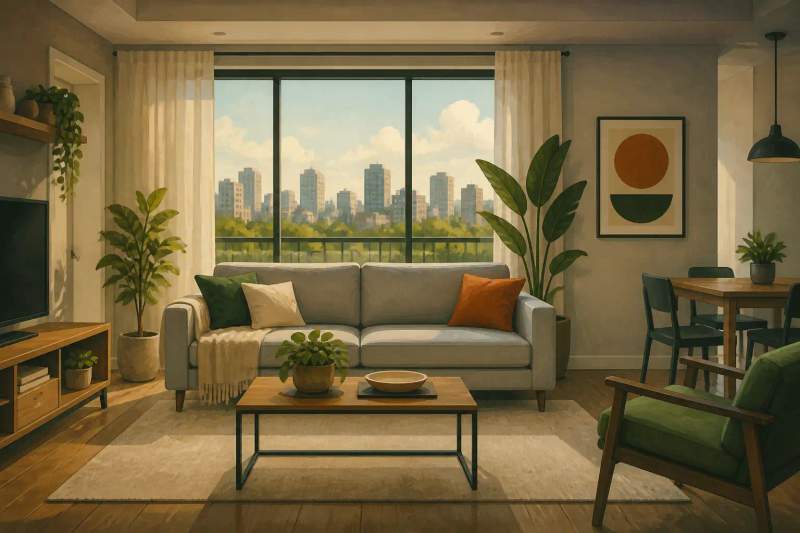 Sala de apartamento mobiliado moderno e bem iluminado em Curitiba com sofá e mesa de jantar.