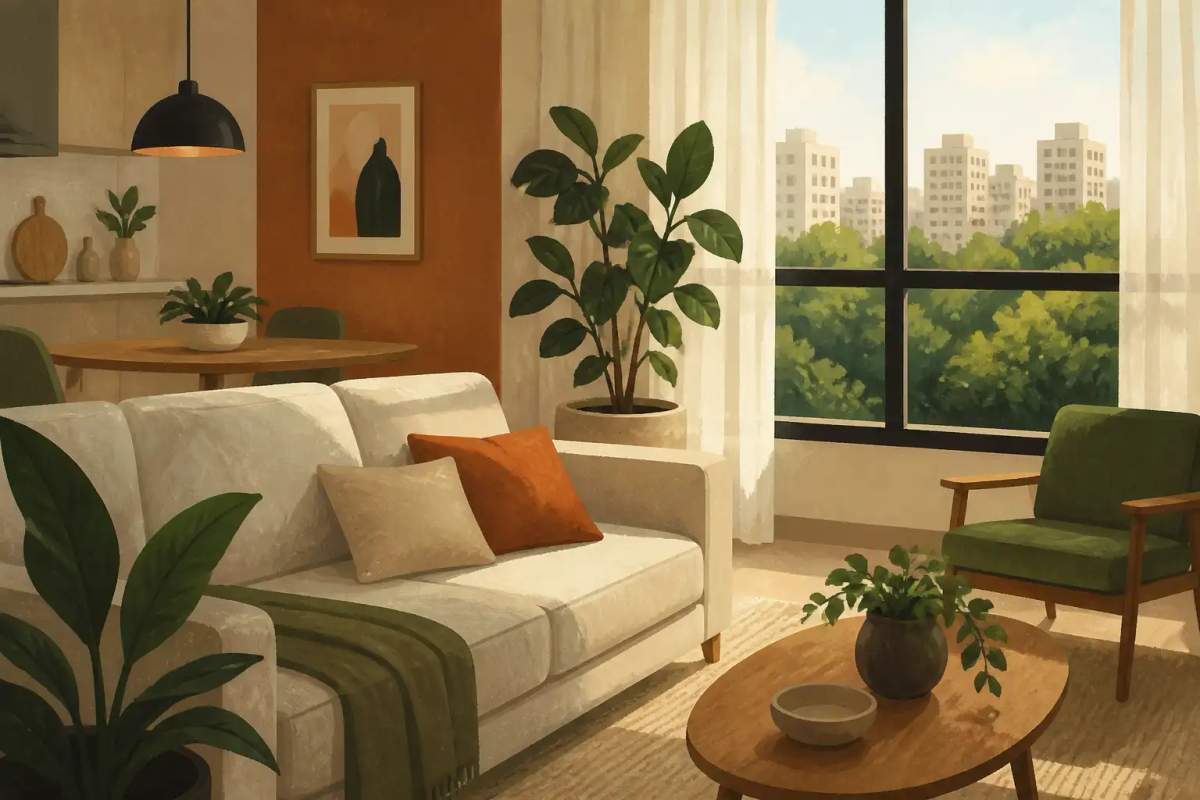 Casal num apartamento mobiliado moderno e aconchegante em Curitiba.